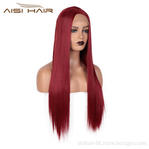 Aisi Hair New Design 26 Inch Long Ombre Red Dark Root Wig Silky Straight Swiss Lace Wigs Synthetic Hair Wigs For Black Women